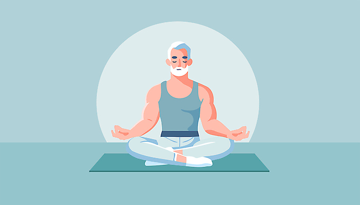 전신 노년 남자 하늘색 일러스트 요가 건강 한명 운동복 운동 평화 눈감음 고요 매트 집중 명상 힐링 가부좌 노인남자한명만 국내일러스트 AI파일 1 웰빙 옷 컨셉 모션 사람 앉기 성인 파란색 남자한명만 노인남자만 파일형식 벡터