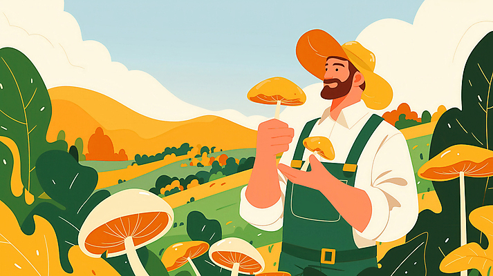 JPG 모자 남자 농업 일러스트 자연 한명 웃음 들기 초원 상반신 성인 농작물 농장 노란색 버섯 수확 농부 버섯농장 자연친화적 성인남자한명만 국내일러스트 AI일러스트 AI콘텐츠 직업 1 잡화 산업 컬러 모션 표정 사람 생태계 남자한명만 성인남자만 파일형식