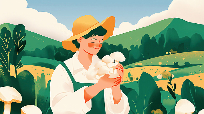 JPG 모자 여자 잎 농업 일러스트 자연 한명 미소 들기 초원 상반신 성인 초록색 농작물 농장 평화 버섯 수확 농부 버섯농장 자연친화적 성인여자한명만 국내일러스트 AI일러스트 AI콘텐츠 식물 직업 1 잡화 산업 컬러 컨셉 모션 표정 사람 생태계 여자한명만 성인여자만 파일형식