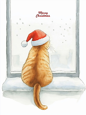 PSD 크리스마스 겨울 일러스트 산타모자 창문 수채화 사람없음 고양이 눈 그림 반려묘 국내일러스트 자연요소 모자_잡화 계절 기념일 포유류 날씨 반려동물 파일형식