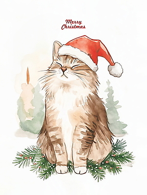 PSD 나무 크리스마스 겨울 일러스트 산타모자 나뭇잎 수채화 사람없음 고양이 그림 반려묘 국내일러스트 식물 모자_잡화 계절 기념일 잎 포유류 반려동물 파일형식