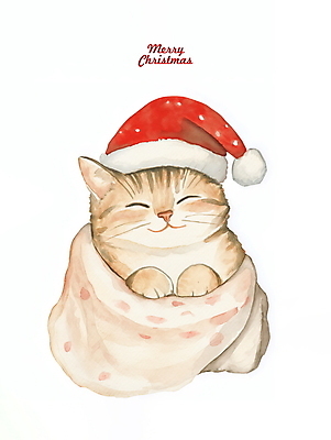 PSD 크리스마스 겨울 일러스트 산타모자 수채화 사람없음 고양이 담요 그림 반려묘 국내일러스트 모자_잡화 계절 기념일 포유류 반려동물 파일형식