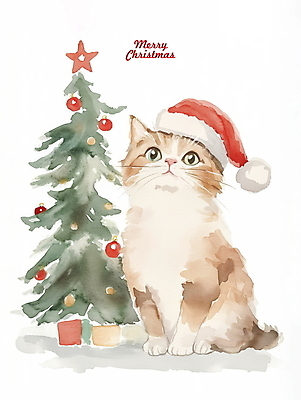 PSD 크리스마스 겨울 일러스트 산타모자 수채화 사람없음 장식 크리스마스트리 고양이 그림 오너먼트 반려묘 국내일러스트 모자_잡화 계절 기념일 크리스마스장식 포유류 반려동물 파일형식