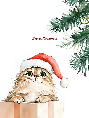 PSD 크리스마스 겨울 일러스트 산타모자 수채화 사람없음 선물상자 크리스마스트리 고양이 그림 반려묘 국내일러스트 모자_잡화 계절 기념일 포유류 선물 반려동물 상자 파일형식