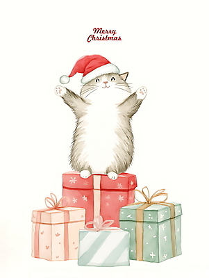PSD 크리스마스 겨울 일러스트 산타모자 수채화 사람없음 선물상자 고양이 그림 반려묘 국내일러스트 모자_잡화 계절 기념일 포유류 선물 반려동물 상자 파일형식