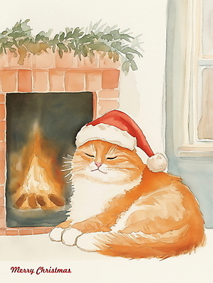 PSD 크리스마스 겨울 일러스트 산타모자 창문 불 수채화 사람없음 고양이 풀잎 그림 벽난로 반려묘 국내일러스트 자연요소 모자_잡화 계절 기념일 잎 포유류 반려동물 풀_식물 파일형식