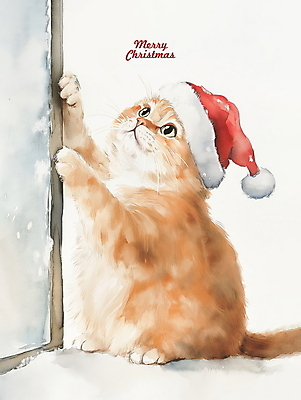 PSD 크리스마스 겨울 일러스트 산타모자 창문 수채화 사람없음 고양이 그림 반려묘 국내일러스트 모자_잡화 계절 기념일 포유류 반려동물 파일형식