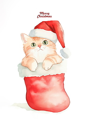 PSD 크리스마스 겨울 일러스트 산타모자 수채화 사람없음 고양이 그림 크리스마스양말 산타양말 반려묘 국내일러스트 모자_잡화 계절 기념일 크리스마스장식 포유류 양말 반려동물 파일형식