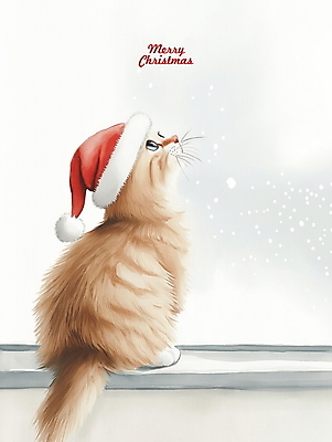 PSD 크리스마스 겨울 일러스트 산타모자 창문 수채화 앉기 사람없음 고양이 눈 그림 반려묘 국내일러스트 자연요소 모자_잡화 계절 기념일 포유류 모션 날씨 반려동물 파일형식