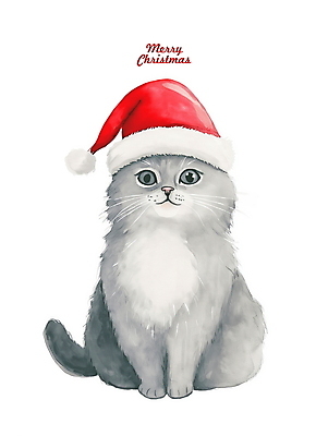 PSD 크리스마스 겨울 일러스트 산타모자 수채화 앉기 사람없음 고양이 그림 반려묘 국내일러스트 모자_잡화 계절 기념일 포유류 모션 반려동물 파일형식
