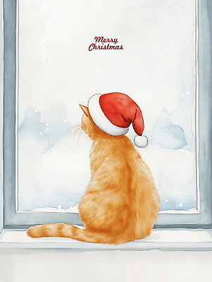 PSD 크리스마스 겨울 일러스트 산타모자 창문 수채화 사람없음 고양이 그림 반려묘 국내일러스트 모자_잡화 계절 기념일 포유류 반려동물 파일형식