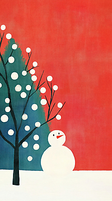 JPG 나무 겨울 일러스트 눈사람 사람없음 빨간색 고요 눈 국내일러스트 AI일러스트 AI콘텐츠 자연요소 식물 계절 컬러 날씨 파일형식