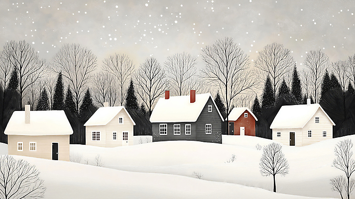 JPG 나무 설경 겨울 일러스트 풍경 사람없음 고요 시골 눈 숲 시골집 눈덮임 국내일러스트 AI일러스트 AI콘텐츠 자연요소 식물 계절 컨셉 날씨 주택 파일형식