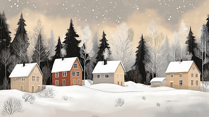 JPG 나무 설경 겨울 일러스트 풍경 사람없음 고요 시골 눈 숲 시골집 눈덮임 국내일러스트 AI일러스트 AI콘텐츠 자연요소 식물 계절 컨셉 날씨 주택 파일형식
