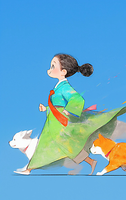 JPG 전신 여자 리본 반려견 어린이 일러스트 하늘 한명 웃음 소녀 야외 파란색 달리기 맑음 산책 강아지 한복 즐거움 활기 소녀한명만 청량 국내일러스트 AI일러스트 AI콘텐츠 1 한국전통 감정 컬러 컨셉 모션 날씨 휴식 표정 사람 반려동물 개 전통의상 여자한명만 소녀만 파일형식