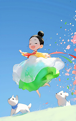 JPG 전신 여자 꽃잎 리본 반려견 어린이 일러스트 하늘 한명 웃음 소녀 초원 야외 파란색 맑음 점프 산책 강아지 한복 즐거움 활기 소녀한명만 청량 국내일러스트 AI일러스트 AI콘텐츠 1 한국전통 꽃 감정 컬러 컨셉 모션 날씨 휴식 표정 사람 반려동물 개 전통의상 여자한명만 소녀만 파일형식