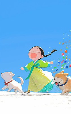 JPG 전신 여자 꽃잎 리본 반려견 어린이 일러스트 하늘 한명 웃음 소녀 초원 야외 파란색 달리기 맑음 산책 강아지 한복 즐거움 활기 소녀한명만 청량 국내일러스트 AI일러스트 AI콘텐츠 1 한국전통 꽃 감정 컬러 컨셉 모션 날씨 휴식 표정 사람 반려동물 개 전통의상 여자한명만 소녀만 파일형식