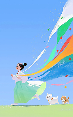 JPG 전신 여자 꽃잎 리본 반려견 어린이 일러스트 하늘 한명 웃음 소녀 초원 야외 파란색 달리기 맑음 산책 강아지 한복 즐거움 활기 소녀한명만 청량 국내일러스트 AI일러스트 AI콘텐츠 1 한국전통 꽃 감정 컬러 컨셉 모션 날씨 휴식 표정 사람 반려동물 개 전통의상 여자한명만 소녀만 파일형식