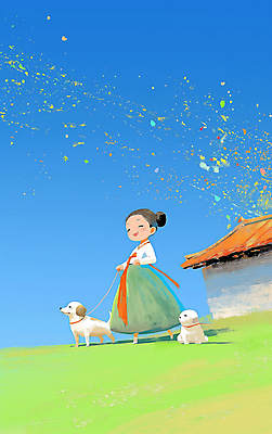 JPG 전신 여자 꽃잎 리본 반려견 어린이 일러스트 하늘 한옥 한명 웃음 소녀 초원 야외 파란색 달리기 맑음 산책 강아지 한복 즐거움 활기 소녀한명만 청량 국내일러스트 AI일러스트 AI콘텐츠 1 한국전통 꽃 감정 컬러 컨셉 고건축 모션 날씨 휴식 표정 사람 반려동물 개 전통의상 여자한명만 소녀만 파일형식