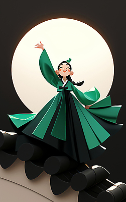 JPG 전신 전통 여자 일러스트 한명 미소 웃음 성인 초록색 기쁨 보름달 춤 한복 기와지붕 한국무용 성인여자한명만 국내일러스트 AI일러스트 AI콘텐츠 1 한국전통 감정 컬러 지붕 문화예술 표정 기와 사람 달 전통의상 전통무용 여자한명만 성인여자만 파일형식