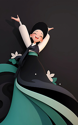 JPG 전신 전통 여자 일러스트 한명 미소 웃음 성인 초록색 기쁨 춤 한복 한국무용 성인여자한명만 국내일러스트 AI일러스트 AI콘텐츠 1 한국전통 감정 컬러 문화예술 표정 사람 전통의상 전통무용 여자한명만 성인여자만 파일형식