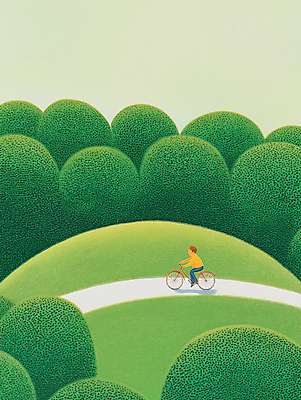 JPG 나무 남자 길 어린이 일러스트 아웃도어 한명 소년 라이프 초록색 자전거 원형 숲 언덕 둥근모양 소년한명만 국내일러스트 AI일러스트 AI콘텐츠 모양 도형 식물 1 컬러 사람 생활 바이크 남자한명만 소년만 파일형식