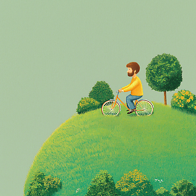 JPG 나무 남자 일러스트 아웃도어 한명 초원 성인 라이프 초록색 자전거 원형 언덕 풀숲 둥근모양 성인남자한명만 국내일러스트 AI일러스트 AI콘텐츠 모양 도형 식물 1 컬러 사람 생활 바이크 숲 남자한명만 성인남자만 파일형식