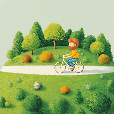 JPG 전신 나무 남자 길 일러스트 한명 초원 성인 라이프 초록색 자전거 원형 숲 언덕 둥근모양 성인남자한명만 국내일러스트 AI일러스트 AI콘텐츠 모양 도형 식물 1 컬러 사람 생활 바이크 남자한명만 성인남자만 파일형식