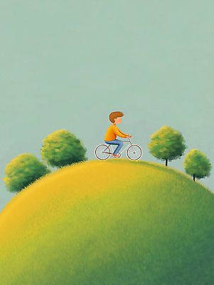 JPG 전신 나무 남자 어린이 일러스트 아웃도어 한명 소년 초원 라이프 초록색 자전거 원형 언덕 둥근모양 소년한명만 국내일러스트 AI일러스트 AI콘텐츠 모양 도형 식물 1 컬러 사람 생활 바이크 남자한명만 소년만 파일형식