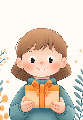 JPG 여자 행복 리본 어린이 잎 일러스트 한명 미소 들기 소녀 상반신 선물상자 주황색 기쁨 감사 소녀한명만 국내일러스트 AI일러스트 AI콘텐츠 식물 1 감정 컬러 모션 표정 선물 사람 상자 여자한명만 소녀만 파일형식