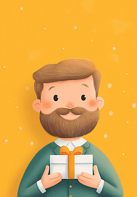 JPG 남자 리본 잎 일러스트 수염 한명 미소 들기 상반신 성인 선물상자 노란색 기쁨 축하 성인남자한명만 국내일러스트 AI일러스트 AI콘텐츠 식물 1 감정 컬러 컨셉 모션 표정 선물 사람 상자 남자한명만 성인남자만 파일형식