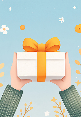 JPG 손 꽃 리본 하늘색 잎 일러스트 하늘 들기 신체부위 선물상자 기쁨 감사 국내일러스트 AI일러스트 AI콘텐츠 식물 감정 모션 선물 사람 파란색 상자 파일형식