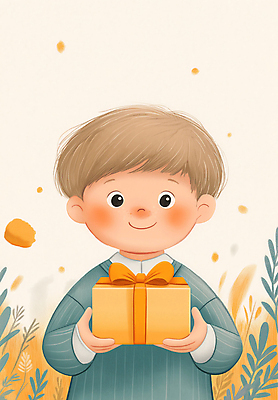 JPG 남자 행복 리본 어린이 잎 일러스트 한명 미소 들기 소년 상반신 선물상자 주황색 소년한명만 국내일러스트 AI일러스트 AI콘텐츠 식물 1 감정 컬러 모션 표정 선물 사람 상자 남자한명만 소년만 파일형식