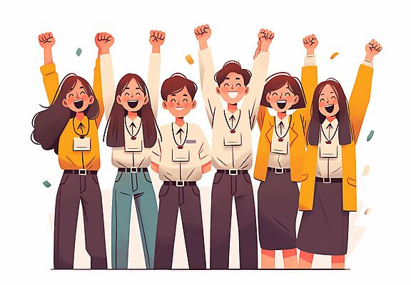 JPG 여자 남자 일러스트 비즈니스 성공 협력 웃음 정장 이벤트 여러명 상반신 청년 성인 주먹 기쁨 만세 꽃가루 리더쉽 목표달성 성인만 국내일러스트 AI일러스트 AI콘텐츠 옷 감정 다수 컨셉 모션 표정 사람 가루 파일형식
