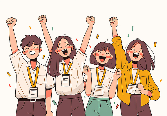 JPG 여자 남자 일러스트 비즈니스 성공 회의 협력 웃음 정장 이벤트 여러명 상반신 성인 친구 주먹 기쁨 만세 조직 목표 꽃가루 목표달성 성인만 국내일러스트 AI일러스트 AI콘텐츠 옷 감정 다수 컨셉 관계 모션 표정 사람 가루 파일형식