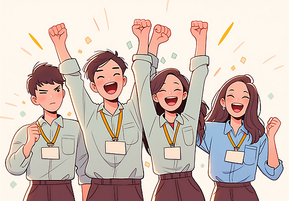 JPG 여자 남자 일러스트 비즈니스 성공 협력 웃음 정장 이벤트 여러명 상반신 성인 주먹 기쁨 만세 꽃가루 리더쉽 목표달성 성인만 국내일러스트 AI일러스트 AI콘텐츠 옷 감정 다수 컨셉 모션 표정 사람 가루 파일형식