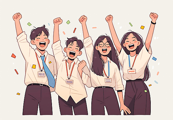 JPG 여자 남자 일러스트 비즈니스 성공 협력 웃음 정장 이벤트 여러명 상반신 성인 친구 주먹 기쁨 만세 꽃가루 목표달성 성인만 국내일러스트 AI일러스트 AI콘텐츠 옷 감정 다수 컨셉 관계 모션 표정 사람 가루 파일형식