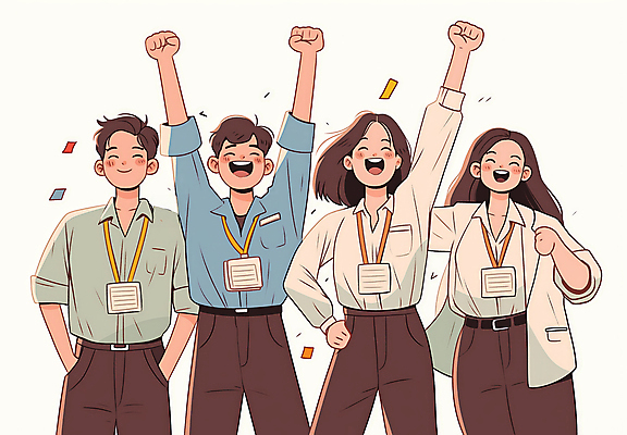 JPG 여자 남자 일러스트 비즈니스 성공 협력 웃음 정장 이벤트 여러명 상반신 성인 친구 주먹 기쁨 만세 꽃가루 리더쉽 목표달성 성인만 국내일러스트 AI일러스트 AI콘텐츠 옷 감정 다수 컨셉 관계 모션 표정 사람 가루 파일형식