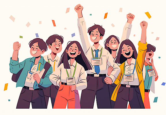 JPG 여자 남자 일러스트 비즈니스 성공 협력 웃음 정장 이벤트 여러명 상반신 성인 친구 주먹 기쁨 만세 조직 꽃가루 목표달성 성인만 국내일러스트 AI일러스트 AI콘텐츠 옷 감정 다수 컨셉 관계 모션 표정 사람 가루 파일형식