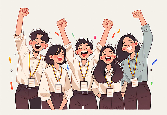 JPG 여자 남자 일러스트 비즈니스 성공 회의 협력 웃음 정장 이벤트 여러명 상반신 성인 친구 주먹 기쁨 만세 조직 꽃가루 리더쉽 목표달성 성인만 국내일러스트 AI일러스트 AI콘텐츠 옷 감정 다수 컨셉 관계 모션 표정 사람 가루 파일형식