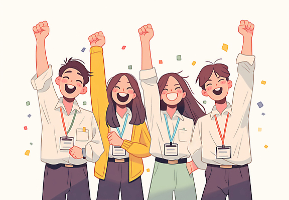 JPG 여자 남자 일러스트 비즈니스 성공 협력 웃음 정장 이벤트 여러명 상반신 성인 친구 주먹 기쁨 만세 꽃가루 리더쉽 목표달성 성인만 국내일러스트 AI일러스트 AI콘텐츠 옷 감정 다수 컨셉 관계 모션 표정 사람 가루 파일형식