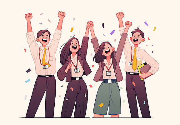 JPG 여자 남자 일러스트 비즈니스 성공 회의 협력 웃음 정장 이벤트 여러명 상반신 성인 친구 주먹 기쁨 만세 꽃가루 리더쉽 목표달성 성인만 국내일러스트 AI일러스트 AI콘텐츠 옷 감정 다수 컨셉 관계 모션 표정 사람 가루 파일형식