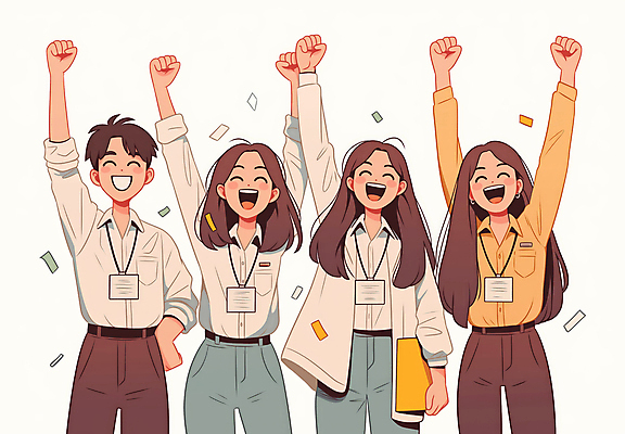 JPG 여자 남자 일러스트 비즈니스 성공 협력 웃음 정장 이벤트 여러명 상반신 성인 주먹 기쁨 만세 꽃가루 리더쉽 목표달성 성인만 국내일러스트 AI일러스트 AI콘텐츠 옷 감정 다수 컨셉 모션 표정 사람 가루 파일형식