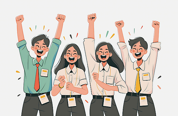 JPG 여자 남자 일러스트 비즈니스 성공 회의 협력 웃음 정장 이벤트 여러명 상반신 성인 주먹 기쁨 만세 꽃가루 리더쉽 목표달성 성인만 국내일러스트 AI일러스트 AI콘텐츠 옷 감정 다수 컨셉 모션 표정 사람 가루 파일형식