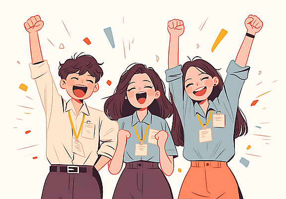 JPG 여자 남자 일러스트 비즈니스 성공 협력 웃음 정장 이벤트 상반신 성인 세명 친구 주먹 기쁨 만세 주머니손 꽃가루 리더쉽 목표달성 성인만 국내일러스트 AI일러스트 AI콘텐츠 옷 감정 컨셉 관계 모션 표정 사람 가루 파일형식