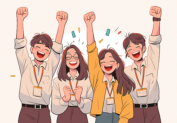 JPG 여자 남자 일러스트 비즈니스 성공 회의 협력 웃음 정장 이벤트 여러명 상반신 성인 주먹 기쁨 만세 꽃가루 리더쉽 목표달성 성인만 국내일러스트 AI일러스트 AI콘텐츠 옷 감정 다수 컨셉 모션 표정 사람 가루 파일형식