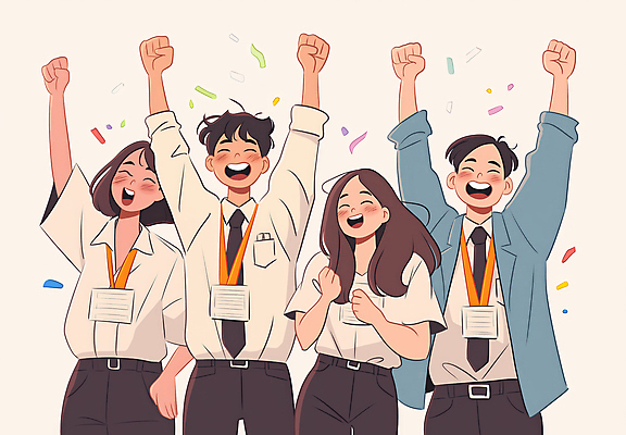 JPG 여자 남자 일러스트 비즈니스 성공 협력 웃음 정장 이벤트 여러명 상반신 성인 친구 주먹 기쁨 만세 꽃가루 리더쉽 목표달성 성인만 국내일러스트 AI일러스트 AI콘텐츠 옷 감정 다수 컨셉 관계 모션 표정 사람 가루 파일형식