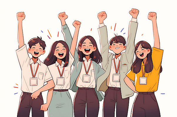 JPG 여자 남자 일러스트 비즈니스 성공 협력 웃음 정장 이벤트 여러명 상반신 성인 주먹 기쁨 만세 꽃가루 목표달성 성인만 국내일러스트 AI일러스트 AI콘텐츠 옷 감정 다수 컨셉 모션 표정 사람 가루 파일형식