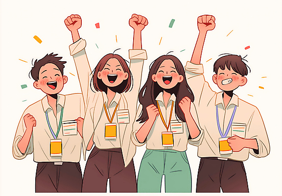 JPG 여자 남자 일러스트 비즈니스 성공 협력 웃음 정장 이벤트 여러명 상반신 성인 주먹 기쁨 만세 꽃가루 리더쉽 목표달성 성인만 국내일러스트 AI일러스트 AI콘텐츠 옷 감정 다수 컨셉 모션 표정 사람 가루 파일형식