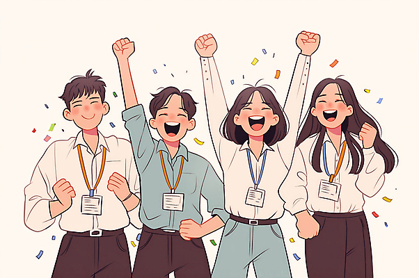 JPG 여자 남자 일러스트 비즈니스 성공 협력 웃음 정장 이벤트 여러명 상반신 성인 친구 주먹 기쁨 만세 꽃가루 리더쉽 목표달성 성인만 국내일러스트 AI일러스트 AI콘텐츠 옷 감정 다수 컨셉 관계 모션 표정 사람 가루 파일형식